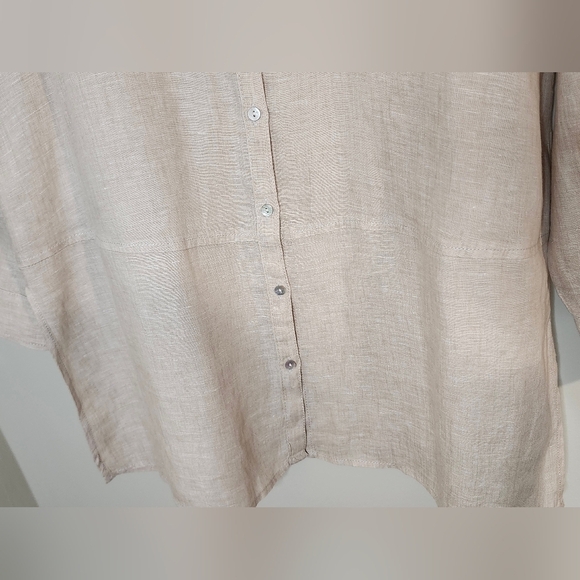 Tahari Women's 100% Linen Tunic Top Size M Khaki Roll Tab Minimalist Scandi Chic - Picture 8 of 9